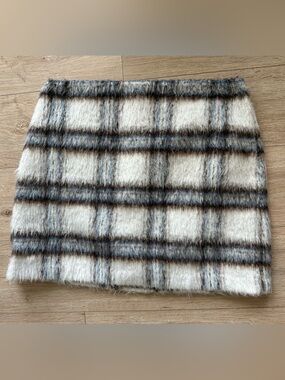 LOFT Y2K Plaid Fuzzy Mini Skirt in beige
